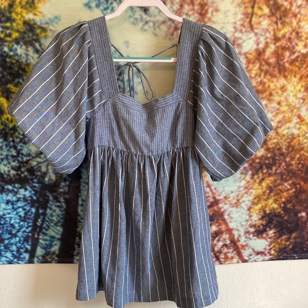 Free People blue and white Striped Mini Dress open back puff sleeves denim like